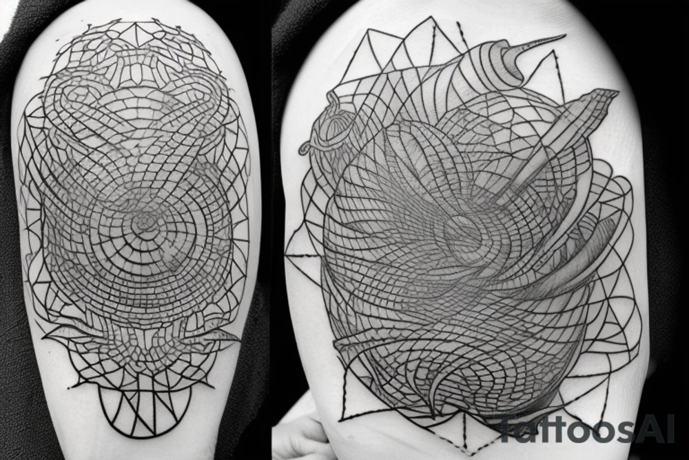 four dimensional warped spacetime tattoo with wormhole. Alien UFO that blends into space in same geometric style tattoo idea