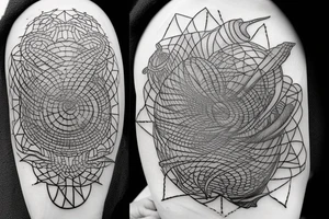 four dimensional warped spacetime tattoo with wormhole. Alien UFO that blends into space in same geometric style tattoo idea