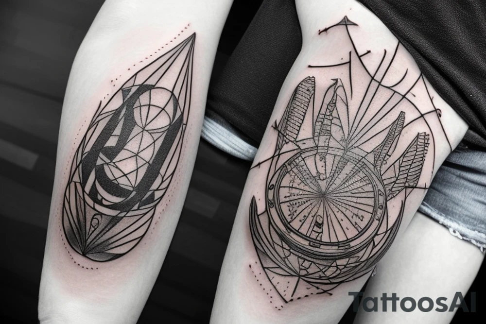 four dimensional warped spacetime tattoo with wormhole. Alien UFO that blends into space in same geometric style tattoo idea