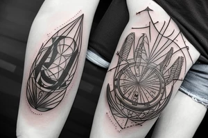 four dimensional warped spacetime tattoo with wormhole. Alien UFO that blends into space in same geometric style tattoo idea