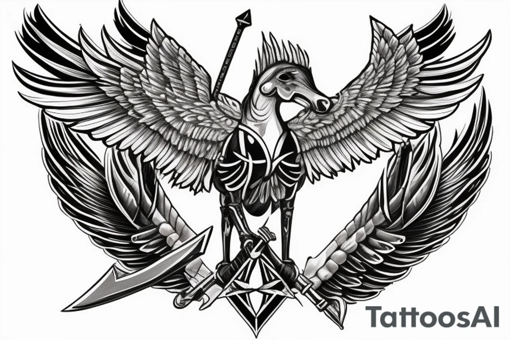 Valkyrie with sword and shield riding a horse with wings forearm tattoo tattoo idea