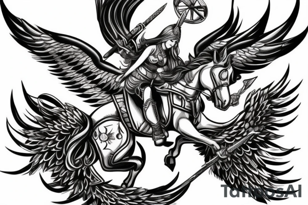 Valkyrie with sword and shield riding a horse with wings forearm tattoo tattoo idea