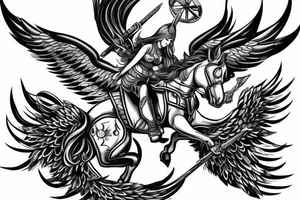 Valkyrie with sword and shield riding a horse with wings forearm tattoo tattoo idea