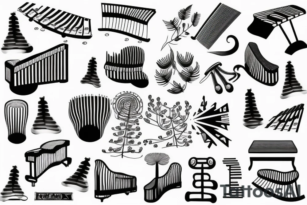 Piano keys with mountain and trees tattoo idea