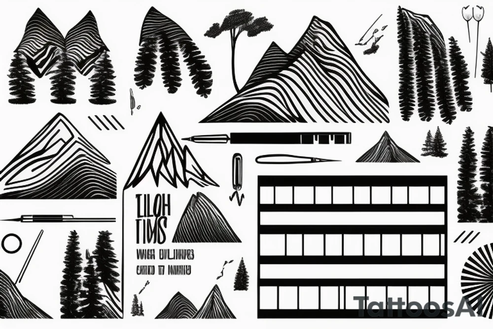 Piano keys with mountain and trees tattoo idea