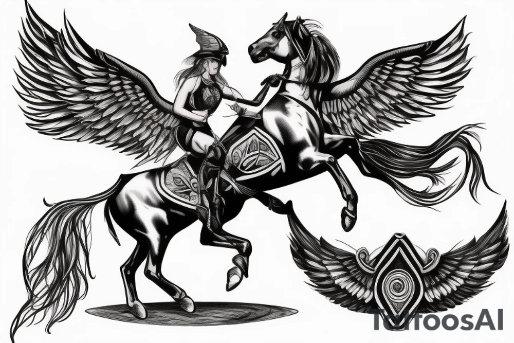 Valkyrie riding a horse with wings forearm tattoo tattoo idea