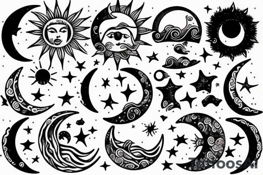 Nature, sun, moon, stars, mountains ocean, goddess like beauty tattoo idea