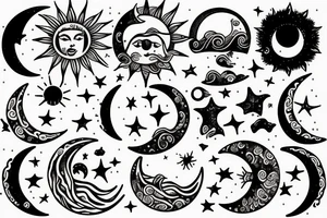 Nature, sun, moon, stars, mountains ocean, goddess like beauty tattoo idea