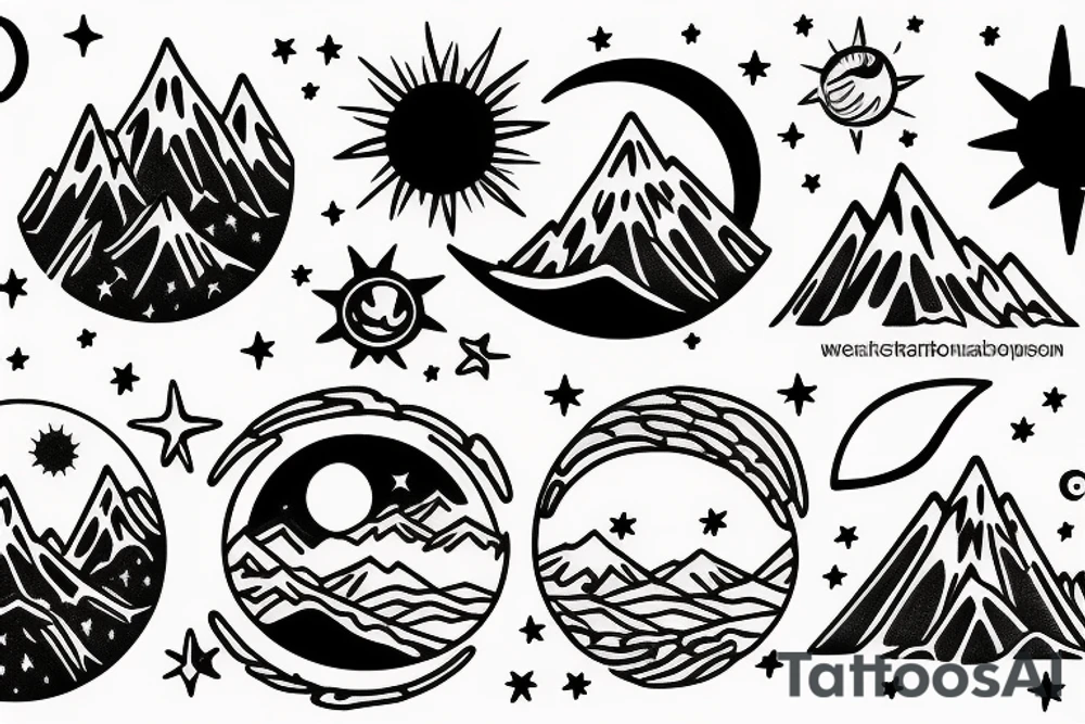 Nature, sun, moon, stars, mountains ocean, goddess like beauty tattoo idea