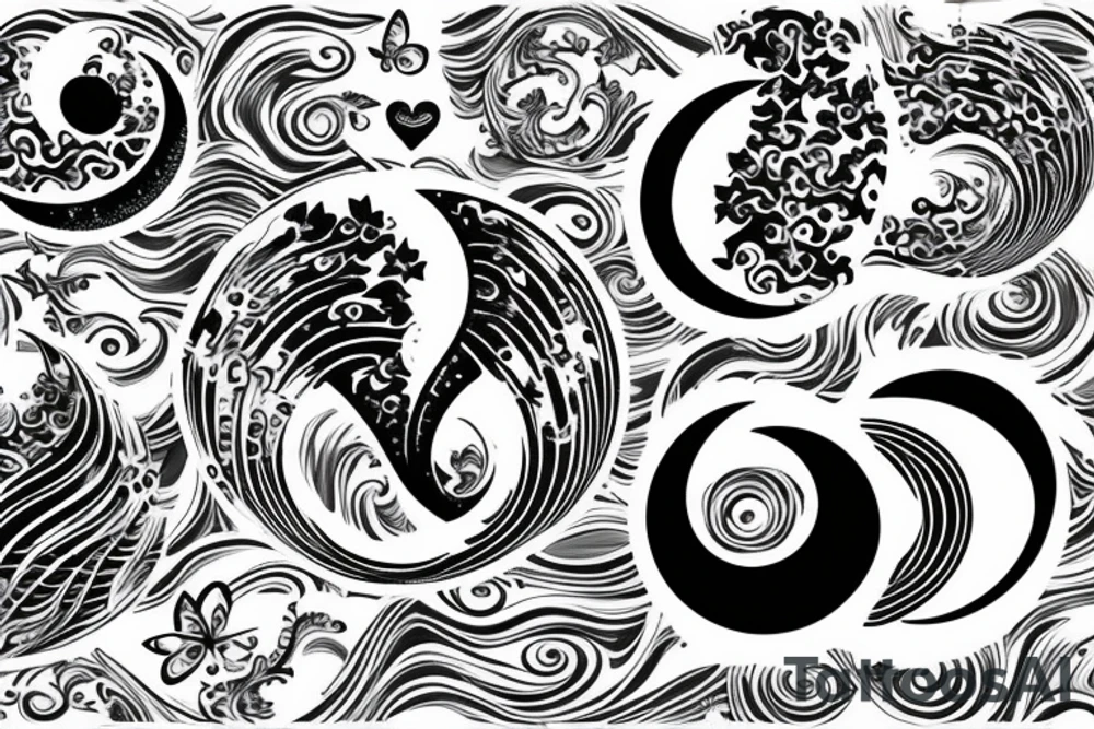 Crescent moon, water waves, heart, butterfly tattoo idea