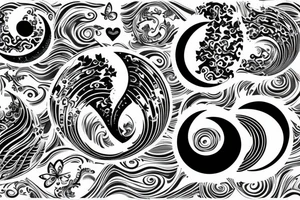 Crescent moon, water waves, heart, butterfly tattoo idea