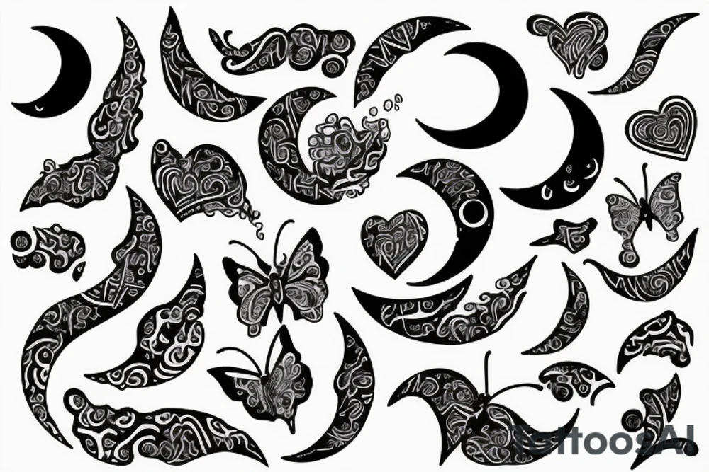 Crescent moon, water waves, heart, butterfly tattoo idea