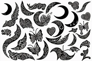 Crescent moon, water waves, heart, butterfly tattoo idea