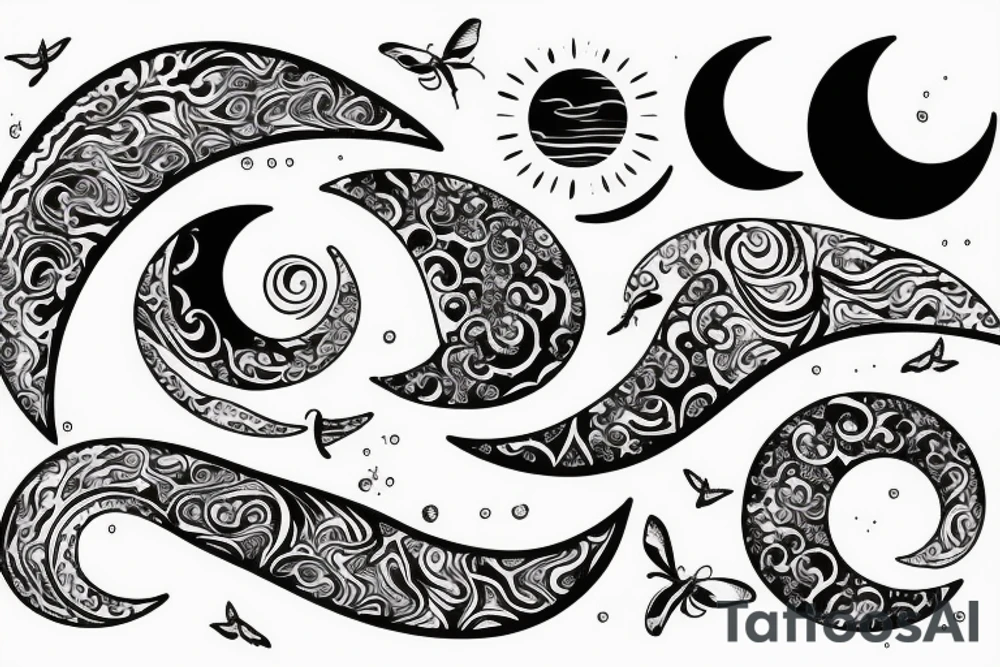 Crescent moon, water waves, butterfly tattoo idea
