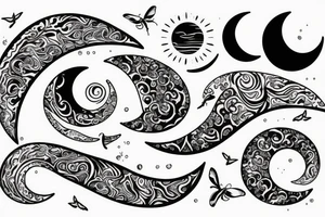 Crescent moon, water waves, butterfly tattoo idea