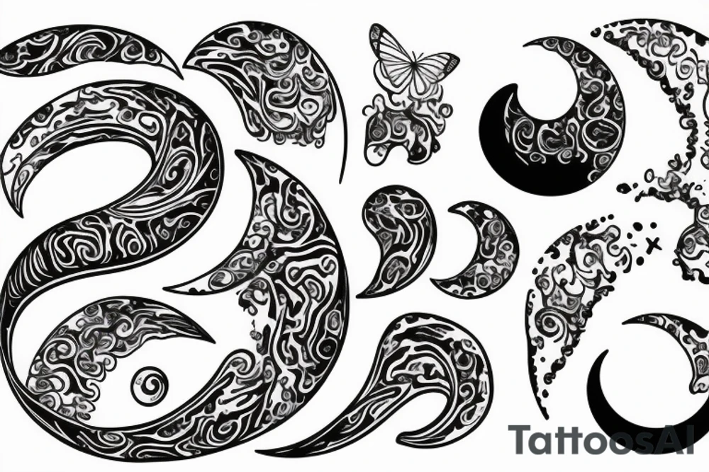 Crescent moon, water waves, butterfly tattoo idea