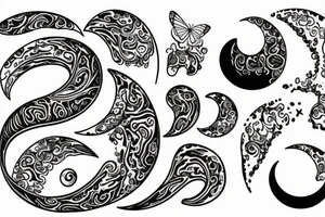 Crescent moon, water waves, butterfly tattoo idea