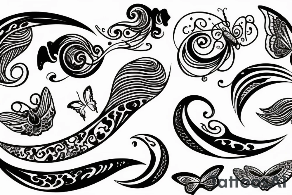 Crescent, waves, butterfly tattoo idea