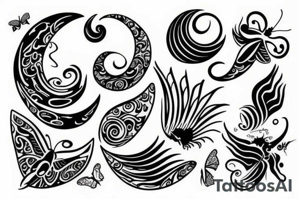Crescent, waves, butterfly tattoo idea