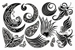 Crescent, waves, butterfly tattoo idea