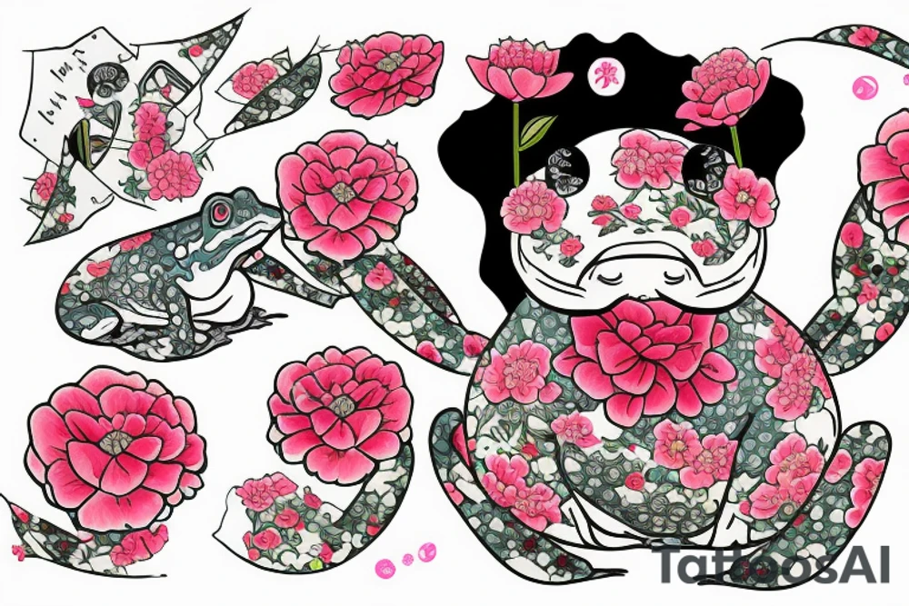 traditional japanese frog wearing a kimono holding a fan with a peony print tattoo idea