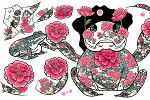 traditional japanese frog wearing a kimono holding a fan with a peony print tattoo idea