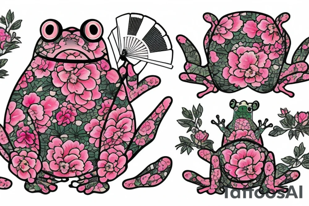 japanese frog wearing a kimono holding a fan with a peony print tattoo idea