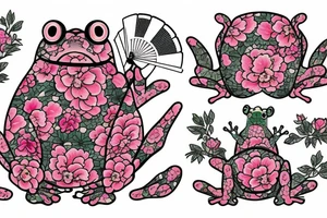 japanese frog wearing a kimono holding a fan with a peony print tattoo idea