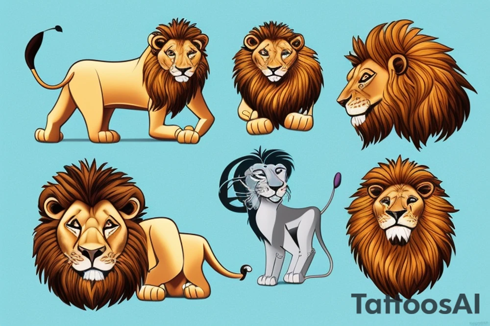 Hakuna Matata with a lion cub wandering in the wild nature, sun, water, sand, vegetation tattoo idea