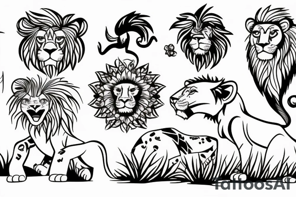 Hakuna Matata with a lion cub wandering in the wild nature, sun, water, sand, vegetation tattoo idea