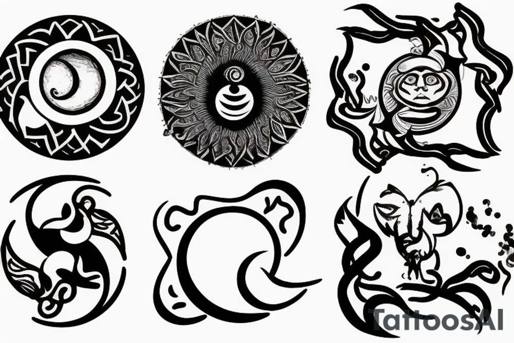 Mandela of fire, with a sun and moon, ying yang snake, knife in a heart tattoo idea