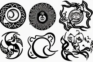 Mandela of fire, with a sun and moon, ying yang snake, knife in a heart tattoo idea