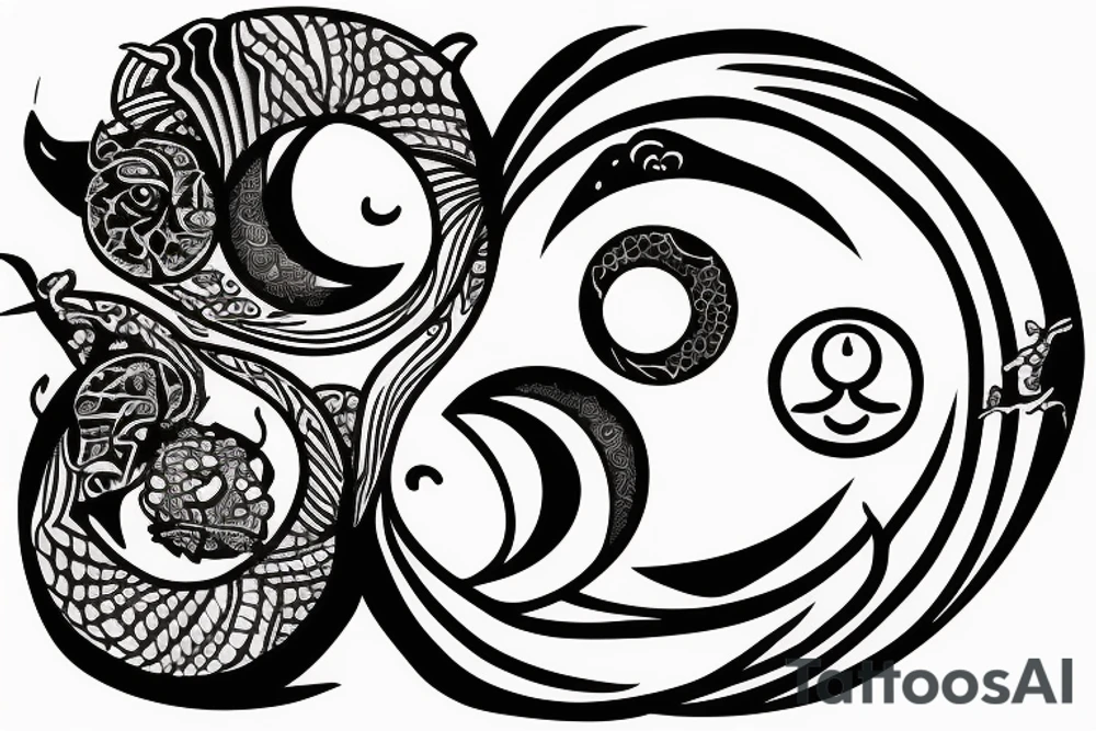 Mandela of fire, with a sun and moon, ying yang snake, knife in a heart tattoo idea
