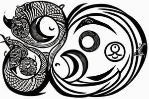 Mandela of fire, with a sun and moon, ying yang snake, knife in a heart tattoo idea