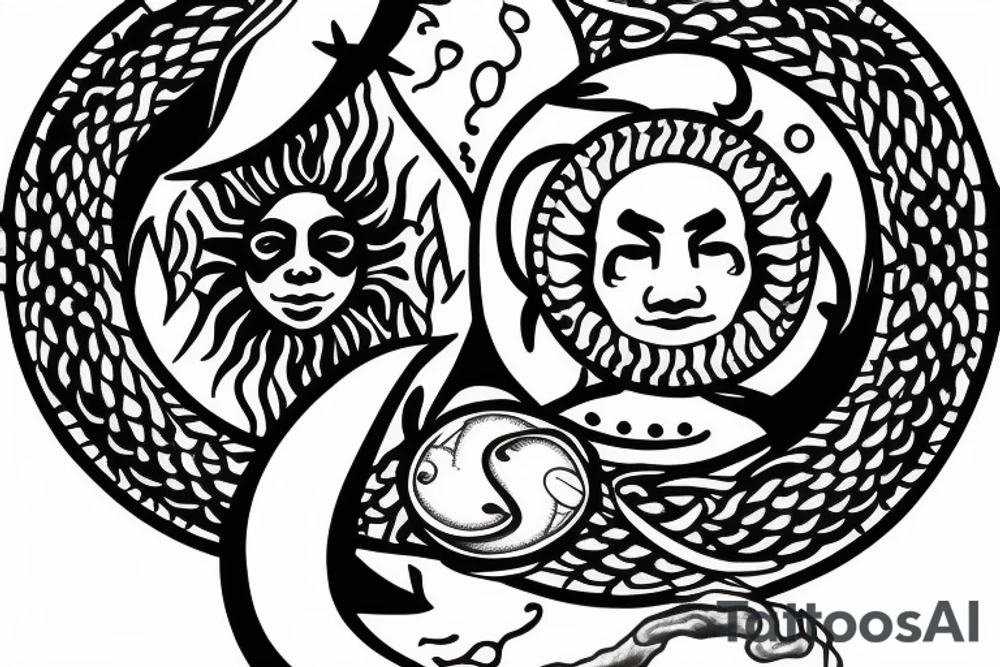 Mandela of fire, with a sun and moon, ying yang snake, knife in a heart tattoo idea