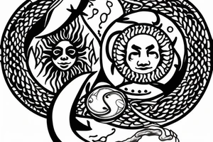 Mandela of fire, with a sun and moon, ying yang snake, knife in a heart tattoo idea