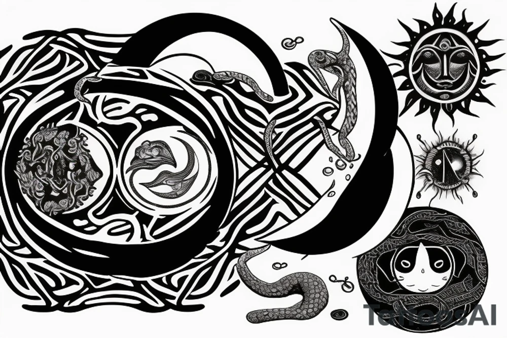 Mandela of fire, with a sun and moon, ying yang snake, knife in a heart tattoo idea
