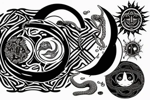 Mandela of fire, with a sun and moon, ying yang snake, knife in a heart tattoo idea