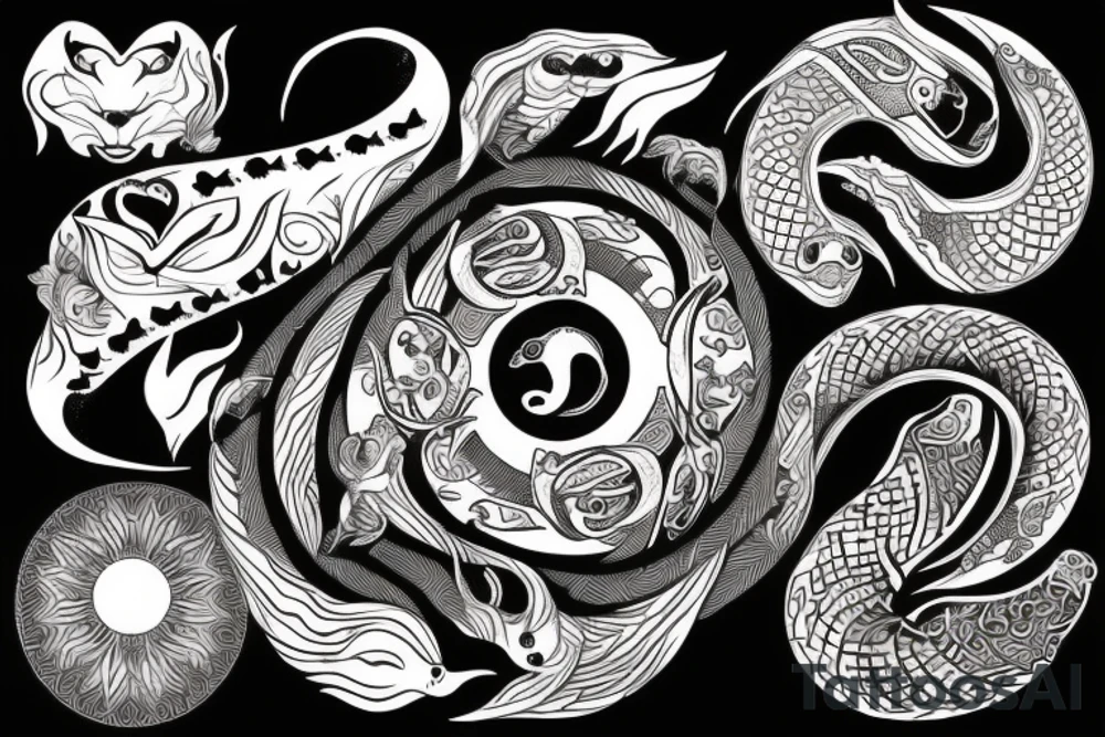 Mandela of fire, sun and moon, ying yang snake, knife in a heart, spiritual tattoo idea