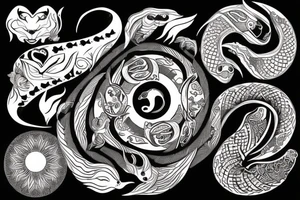 Mandela of fire, sun and moon, ying yang snake, knife in a heart, spiritual tattoo idea