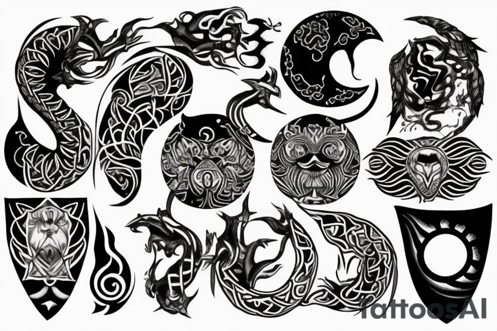 Mandela of fire, sun and moon, ying yang snake, knife in a heart, spiritual tattoo idea