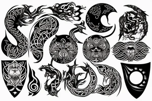 Mandela of fire, sun and moon, ying yang snake, knife in a heart, spiritual tattoo idea