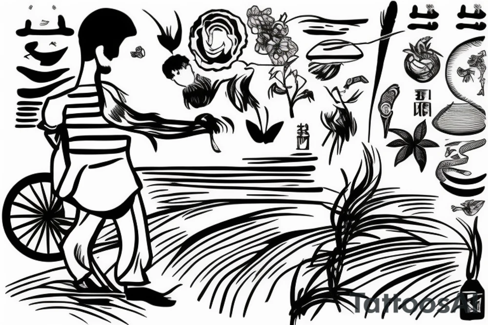 Man walking through rice fields of Vietnam tattoo idea