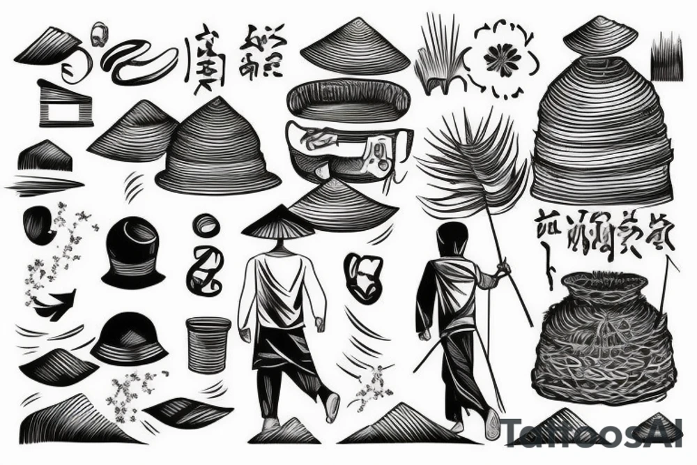 Man walking through rice fields of Vietnam tattoo idea