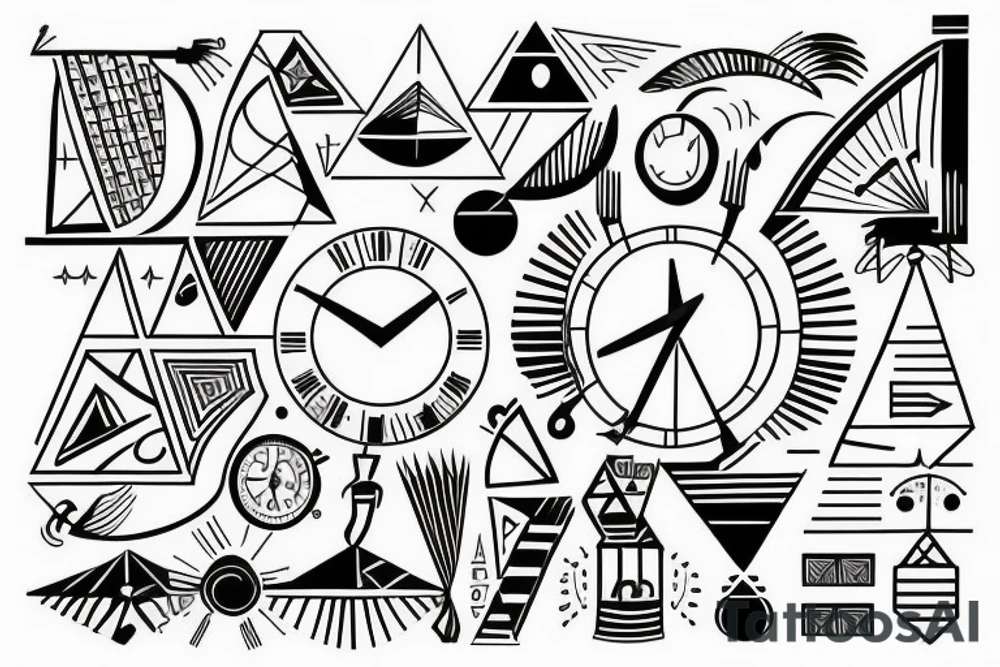 Pyramids and clocks with lines around tattoo idea
