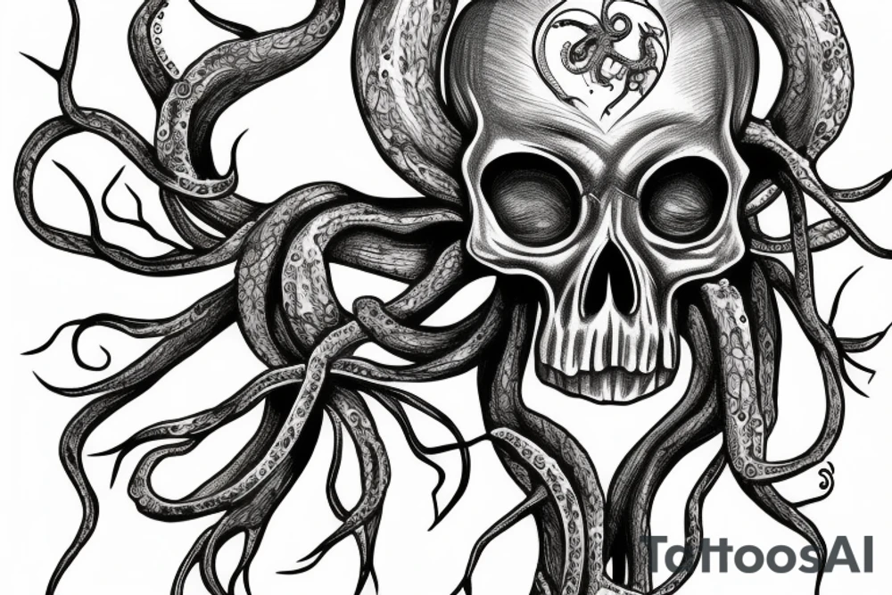 Skull heart tree octopus tattoo idea