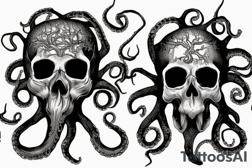 Skull heart tree octopus tattoo idea