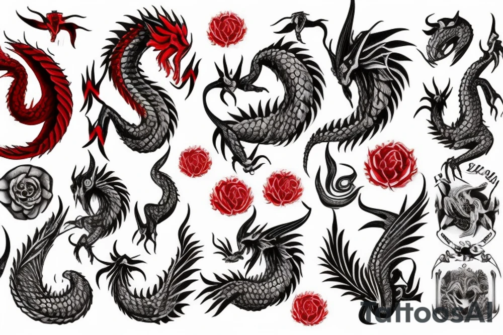 Red Dragon Flowers tattoo idea