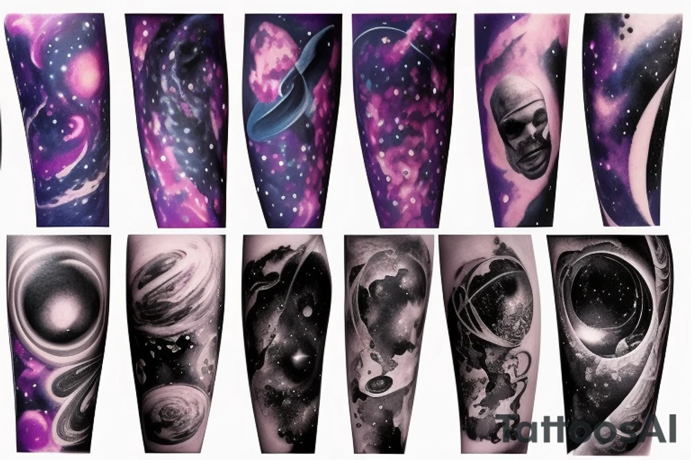Space, Planets, Stars, Black, Purple, bright, full sleeve tattoo arm tattoo idea