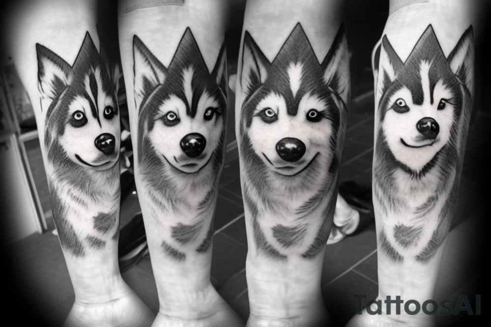 2 SIBERIAN HUSKYS, ONE FEMALE 
MORE stylized (dark eyes), and one male big head with a blue eye and the other coffee tattoo idea